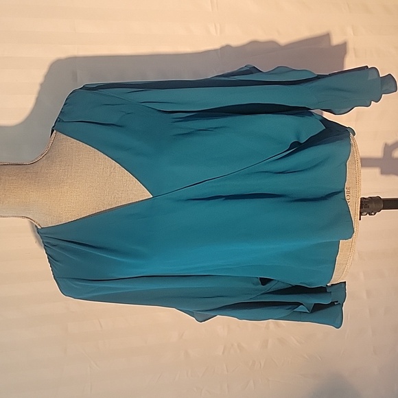 INC International Concepts Teal Blue V-Neck Blouse with Ruffled Sleeves, Size: S - Picture 1 of 10